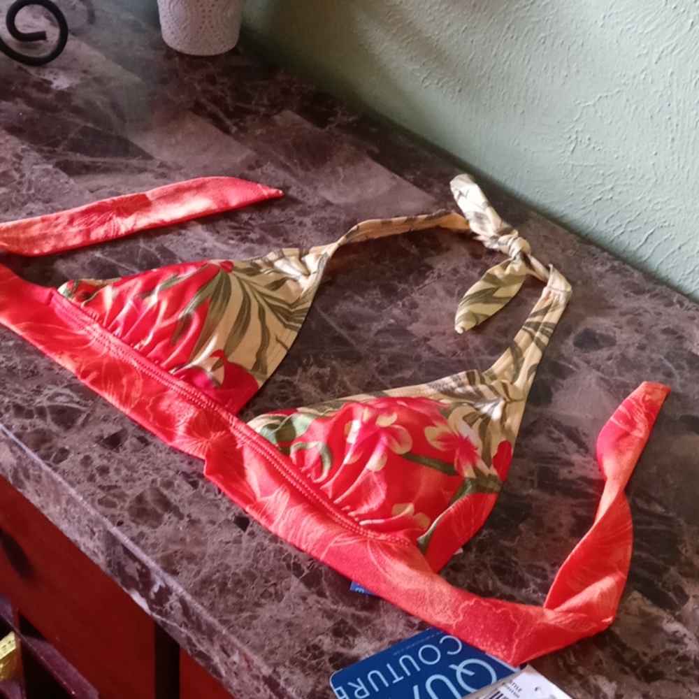 Aqua Couture Orange Tropical Pattern Bikini Top Women’s Size Large
